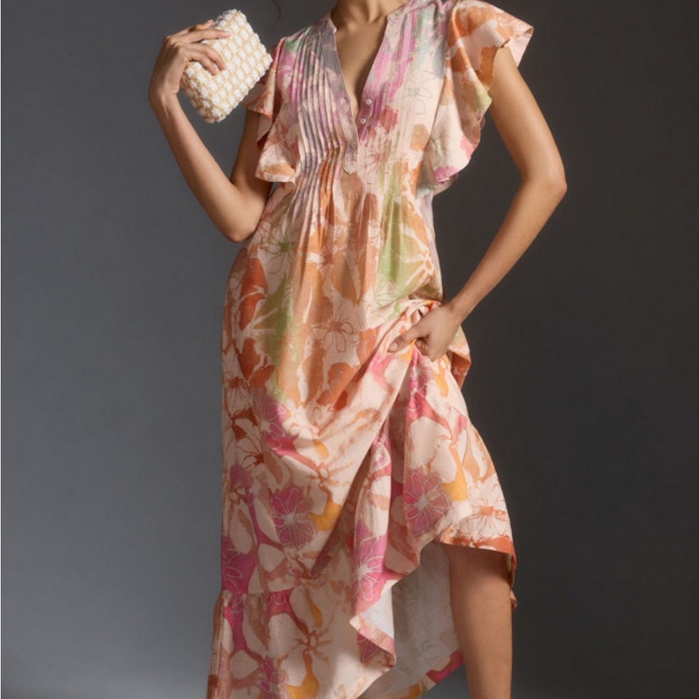 Anthropologie Pink Ruffled Asymmetrical Sundress